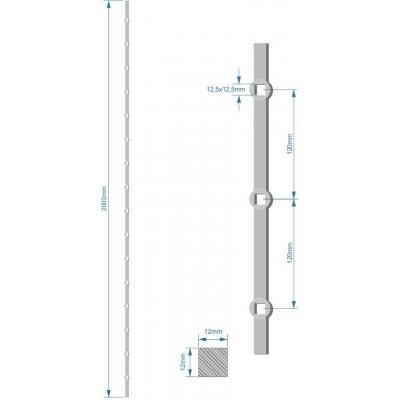 Probíjená tyč dělky 2000 mm, opískovaná, profil 12 x 12 mm, rozteč děr 120 mm, oko 12,5 x 12,5 mm, na tyči je 16 děr