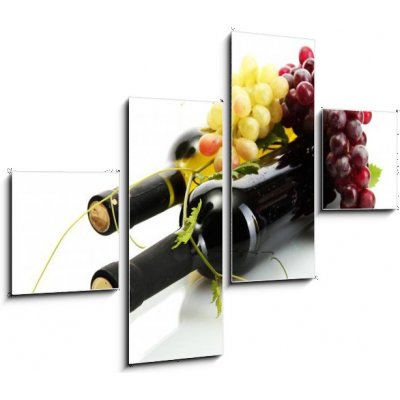 Obraz 4D čtyřdílný - 120 x 90 cm - bottles of wine and ripe grapes isolated on white láhve vína a zralé hrozny izolovaných na bílém – Hledejceny.cz