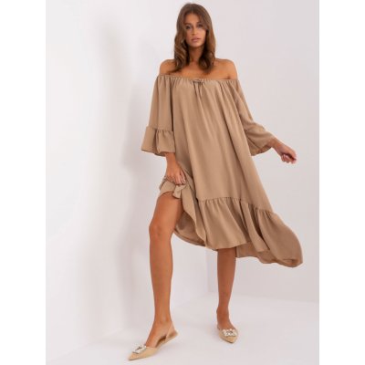 Italy Moda Tmavě asymetrické midi šaty s volánem dhj-sk-6057.93-camel béžové – Zboží Mobilmania