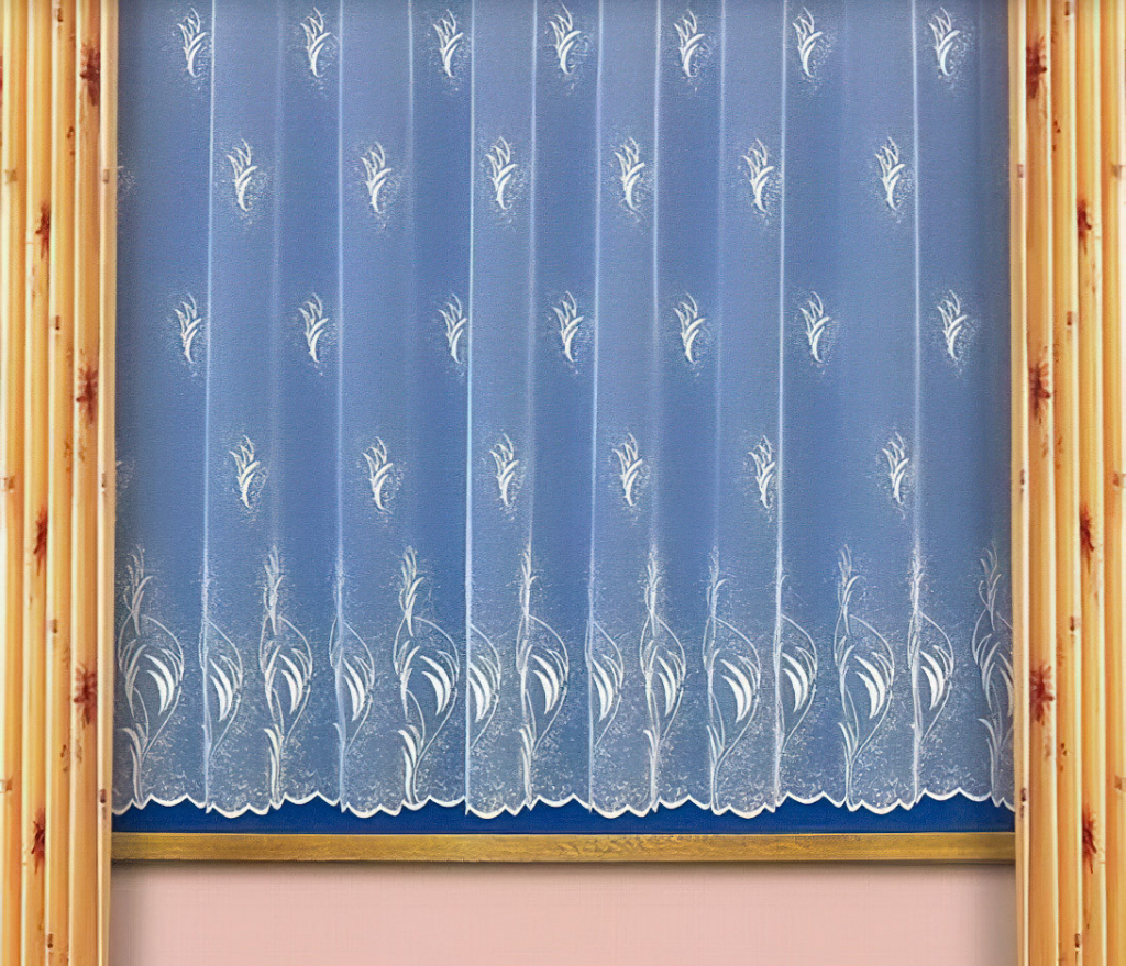 Českomoravská textilní žakárová záclona V318 větvičky, s bordurou, bílá, výška 230cm (v metráži)