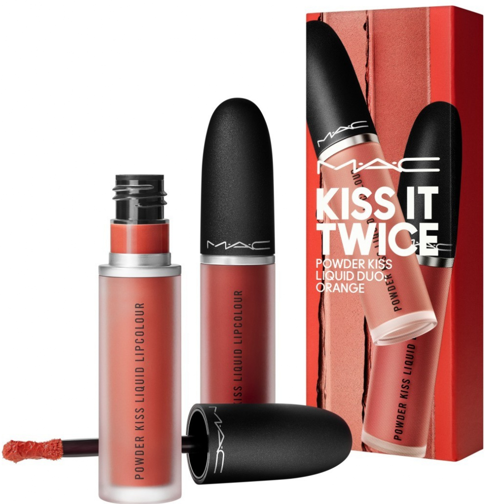 MAC Cosmetics Kiss It Twice Powder Kiss Liquid Lipcolour Mull it Over matná tekutá rtěnka 5 ml + Powder Kiss Liquid Lipcolour Fashion, Sweetie! matná tekutá rtěnka 5 ml dárková sad