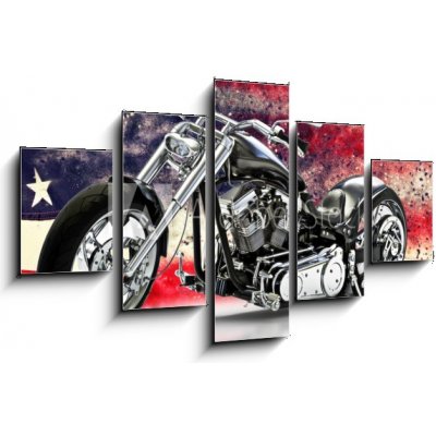 Obraz 5D pětidílný - 125 x 70 cm - Custom black motorcycle with American flag background with dispersion effects. Made in America concept. 3d rendering Vlastní černý mot – Hledejceny.cz