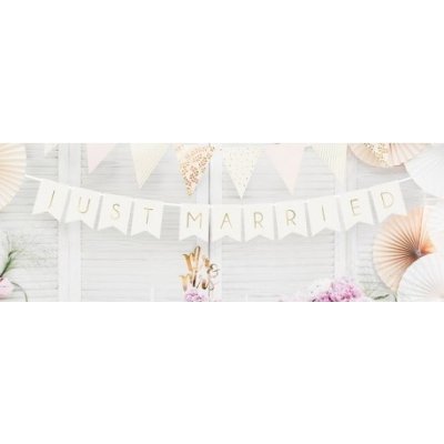GRL68008 Girlanda Baner JUST MARRIED Bílá se zlatým 15x155cm – Zboží Dáma