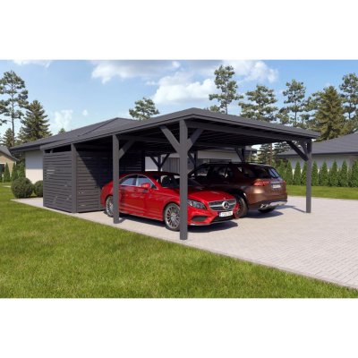 Holzbrüder Ralf na auto s malým domkem šedá/šedá 6 x 8,68 m – HobbyKompas.cz