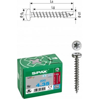 SPAX půlkulatá hlava 4.0x 35 plný závit TX20 nerez.ocel A2, s certifikátem (200 ks) – Hledejceny.cz