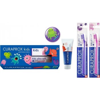 Curaprox Kids Limitovaná edice, 2× kartáček kids + zubní pasta jahoda bez fluoridu 60 ml dárková sada