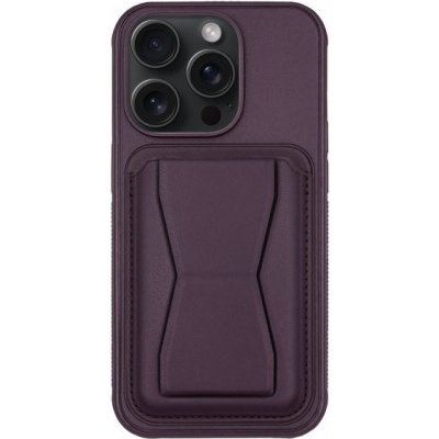 AppleKing kožený s kapsou na karty a výklopným stojánkem iPhone 15 Pro Max - tmavě fialové