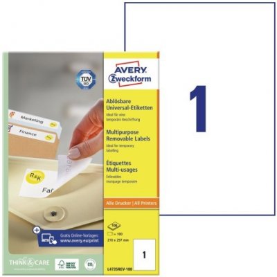 Avery Zweckform Etikety 100 listů A4 bílé 210 x 297 mm snímatelné L4735REV-100 – Zboží Mobilmania