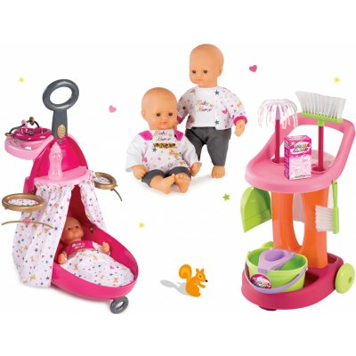 Smoby Prebaľovací vozík pre bábiku Baby Nurse s postieľkou+bábika+upratovací vozík ružový s vedrom a metlou 220316-7