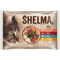 Shelma Cat kuřecí, hovězí, losos, treska 4 x 85 g