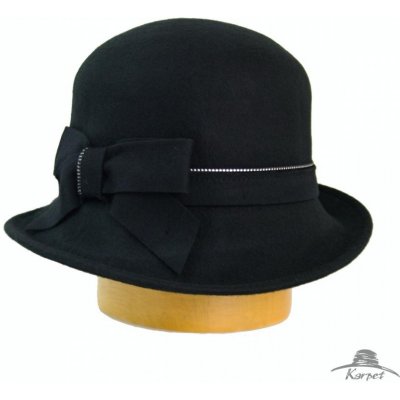 Dámský vlněný klobouk s ohrnutou krempou zdobený mašlí černá