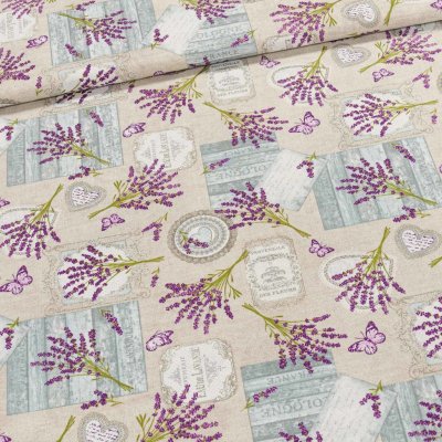 Směsové plátno LEVANDE LILA, levandule s motýlky, fialová na béžové, š.140cm (látka v metráži) – Zbozi.Blesk.cz