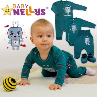 Baby Nellys Bavlněný kojenecký overal bez šlapek Little Robot tmavě zelený – Zboží Mobilmania