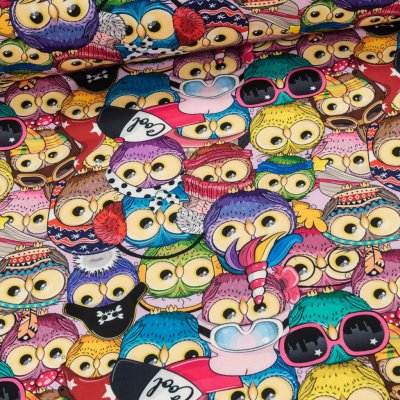 Softshell zimní dětský s beránkem 3496-3028, barevné sovičky, 320g/m2, š.150cm (látka v metráži) – Zboží Dáma