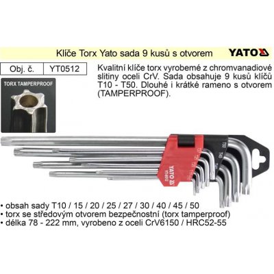 Klíče torx Yato zahnuté sada 9 kusů délka 90-200mm