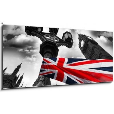 Obraz 1D panorama - 120 x 50 cm - Big Ben with colorful flag of England, London, UK Big Ben s barevné vlajky Anglie, Londýn, Velká Británie