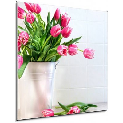 Obraz 1D - 50 x 50 cm - Pink tulips in white metal container Růžové tulipány v bílém kovovém kontejneru