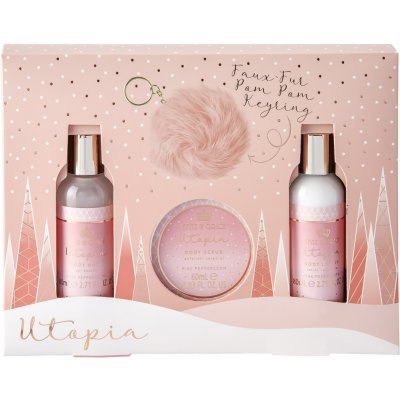 Sunkissed Keyring Gift Set Utopia Woman sprchový gel 80 ml + tělové mléko 80 ml + tělový peeling 60 ml + přívěšek na klíče dárková sada