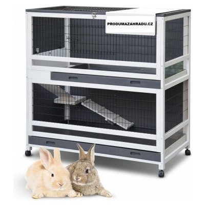 Pallma Velká dvoupatrová propojená králíkárna z masivu indoor Oskar designová šedo-bílá 115 x 60 x 118 cm – Sleviste.cz