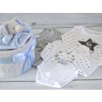 dortNEdort Jednopatrový plenkový dort XIII. s milníkovými bodyčky Miminko se ještě nenarodilo Modrá mašle a náplň pro chlapečka – Zboží Dáma