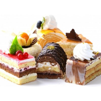 WEBLUX 96319616 Fototapeta plátno Assorted different mini cakes with cream Rozmanité mini koláče se smetanou čokoládou a bobulemi rozměry 330 x 244 cm – Zbozi.Blesk.cz