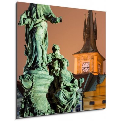 Skleněný obraz 1D - 50 x 50 cm - Saint Ivo statue and Smetana clock-tower, Prague. Socha svatého Iva a hodiny Smetany – Zboží Mobilmania