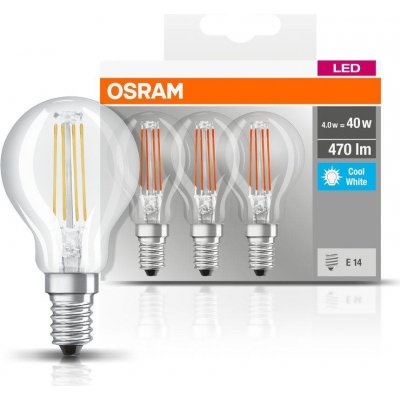 Osram sada 3x LED filamentová žárovka E14, P40, 4W, 470lm, 4000K, neutrální bílá – Zbozi.Blesk.cz
