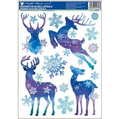 Anděl Okenní fólie modrá s glitry jeleni a vločky 37 x 29 cm – Hledejceny.cz