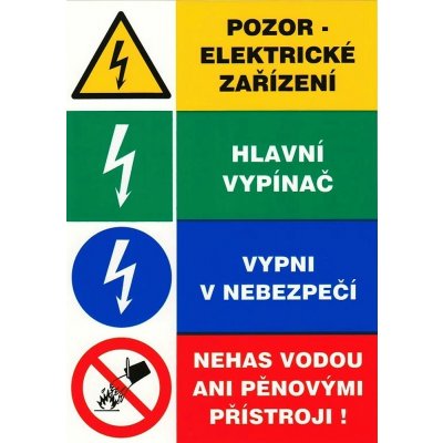 Pozor elektrické zařízení/Hlavní vypínač/Vypni v nebezpečí/Nehas vodou - plast/samolepící fólie Materiál: Plast, Rozměry značení: 15 x 21 cm – Zboží Dáma