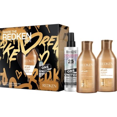 Redken All Soft vyživující šampon pro suché a křehké vlasy 300 ml + vyživující kondicionér pro suché + křehké vlasy 300 ml + multifunkční péče na vlasy 150 ml + kosmetická taška dárková sada – Zboží Mobilmania