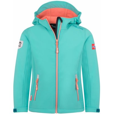 DĚTSKÁ DÍVČÍ ZATEPLENÁ SOFTSHELLOVÁ BUNDA TROLLKIDS TROLLFJORD AQUA HAZE / HARBOR BLUE / MELLOW PEACH – Sleviste.cz