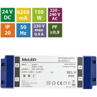 zdroj napájecí pro LED pásky 24V DC 150W (6,25A) IP20 ML-732.075.11.1 plast. se svorkovnicí – Zboží Mobilmania