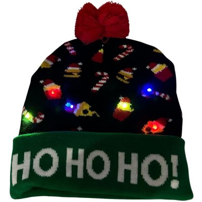 Čepice na zimu vánoční s bambulí svítící s LED světly HO HO HO
