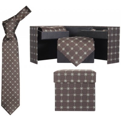 André Philippe set kravata hedvábná + manžetové knoflíčky + kapesník hnědá