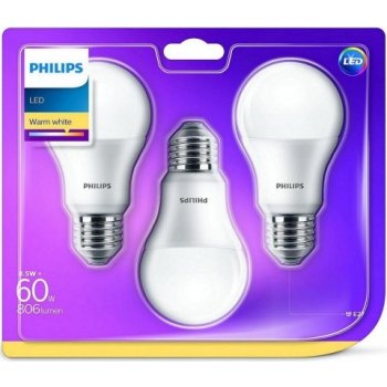 Philips LED žárovka A60 3ks v blistru E27 8W 60W teplá bílá 2700K od 179 Kč  - Heureka.cz