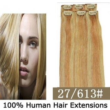 CLIP IN (klipy) pravé vlasy remy 50cm odstín 27/613 tmavá blond 6 částí 36g