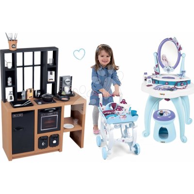 Smoby Set kuchyňka moderní Loft Industrial se servírovacím vozíkem a kosmetický stolek Frozen