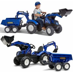 FALK Šlapací traktor New Holland T8 s nakladačem rypadlem a maxi vlečkou