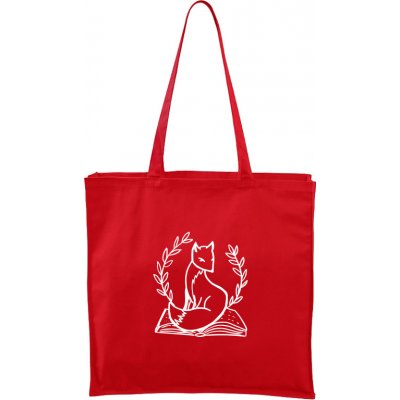 Ručně malovaná větší plátěná taška - Liška na knize, červená/bílý motiv