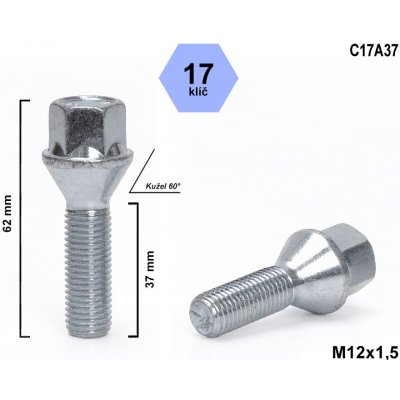 Kolový šroub M12x1,5x37 kuželový, klíč 17, C17A37, výška 62 mm | Zboží Auto