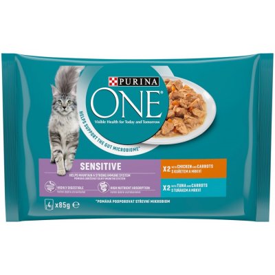 Purina ONE SENSITIVE Mini filetky s kuřetem a mrkví ve šťávě s tuňákem a mrkví ve šťávě 4 x 85 g – Zboží Mobilmania