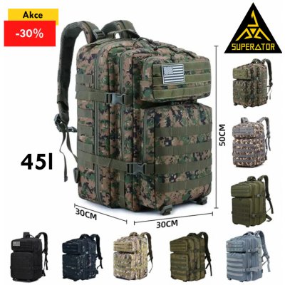 Taktický vojenský batoh 45l, kvalitní, voděodolný, outdoor. Nášivka vlajka USA je součástí. Velcro patch 3D. Barva: Digital