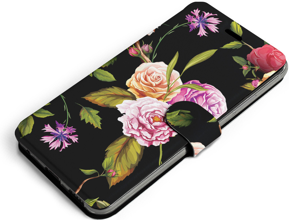 Pouzdro Mobiwear Flip Motorola Moto G22 - VD07S Růže a květy na černém pozadí