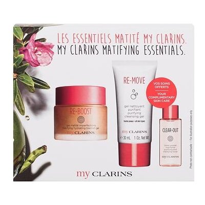 Clarins My Clarins Matifying Essentials : pleťový gel Re-Boost Matifying Hydrating Blemish Gel 50 ml+ čisticí gel My Clarins Re-Move Purifying Cleansing Gel 30 ml + pleťová voda Clear-Out Purifying an