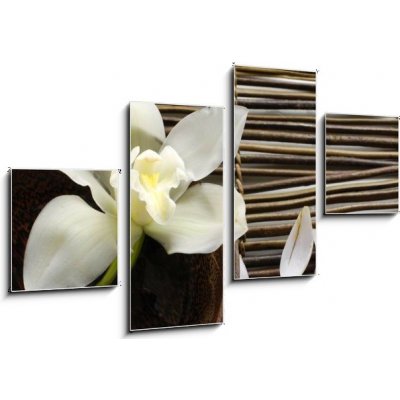 Obraz 4D čtyřdílný - 100 x 60 cm - bowl of orchid, petal on bamboo mat miska orchideje, okvětní lístek na bambusové rohoži – Zboží Mobilmania