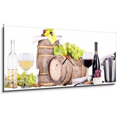 Obraz s hodinami 1D panorama - 120 x 50 cm - champagne, red and white wine šampaňské, červené a bílé víno – Hledejceny.cz