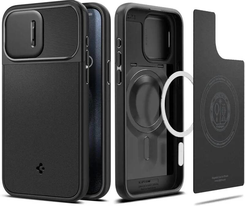 SPIGEN OPTIK ARMOR na mobil Apple iPhone 15 Pro Max Černé s krytkou fotoaparátů a podporou Silikonové MagSafe
