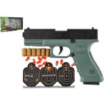 Teddies Pistole na pěnové náboje plast 19cm terče 3ks náboje 6ks v krabici 34x18x4,5cm – Zbozi.Blesk.cz