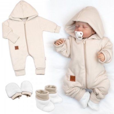 Baby Nellys Bavlněný oteplený overálek s kapucí rukavičky botky 3D sada Nature sv. béžový – Sleviste.cz