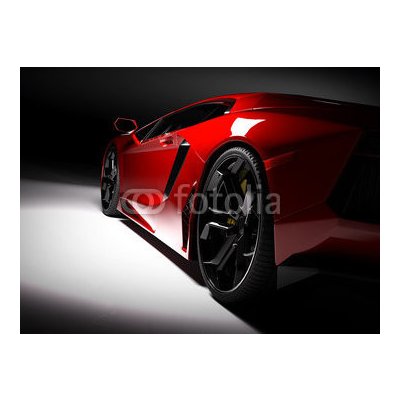 WEBLUX 115248334 Fototapeta vliesová Red fast sports car in spotlight Červené rychlé sportovní auto v reflektoru černé pozadí. Lesklý nový luxusní. rozměry 270 x 200 cm – Zboží Mobilmania